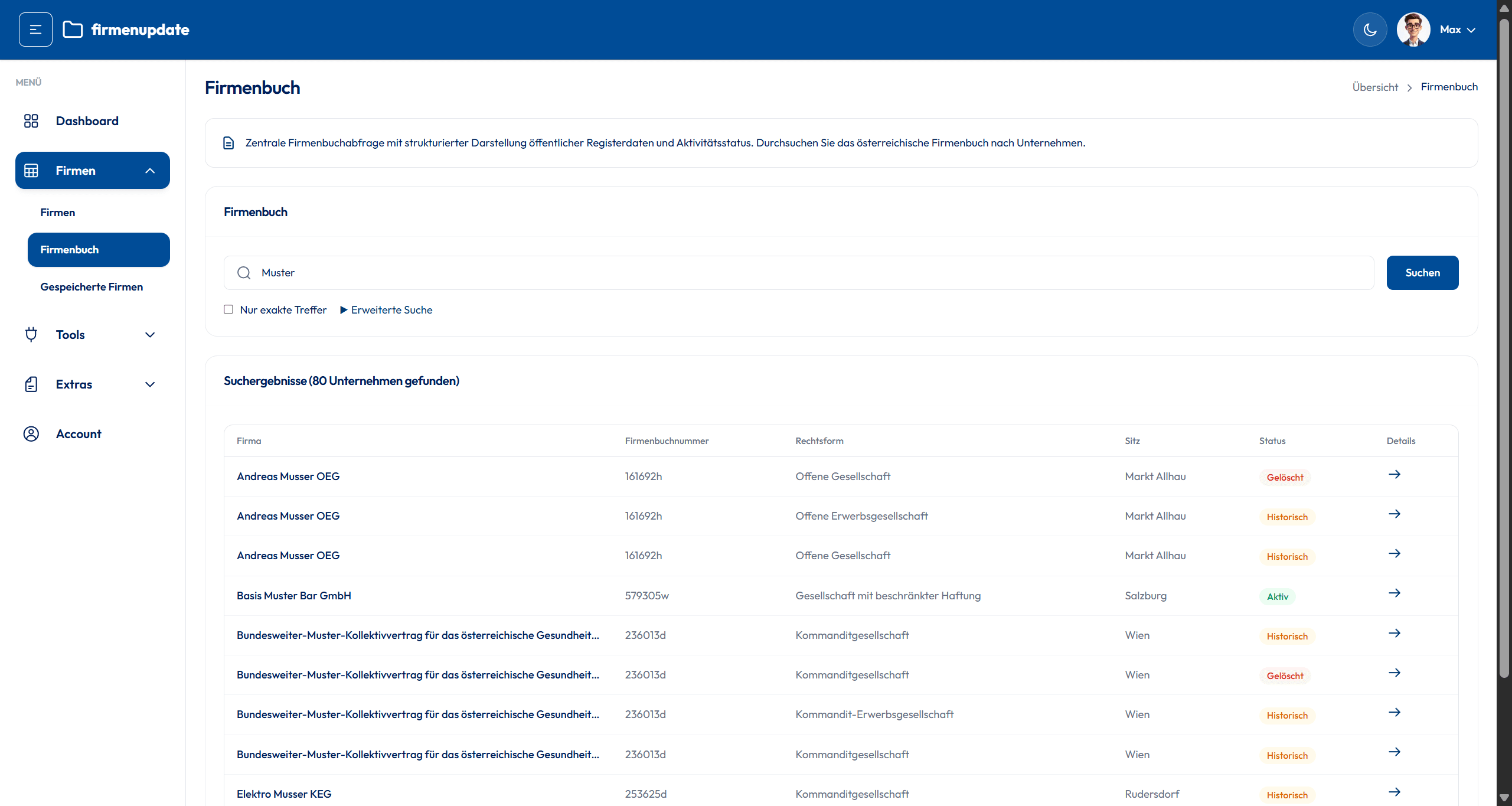 Firmenbuchsuche mit Trefferliste